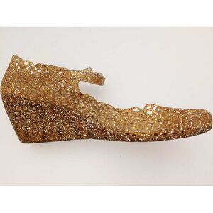 Melissa Vintage 80s Gold Glitter Butterfly Weave Mary Jane Wedge Heels Size 8